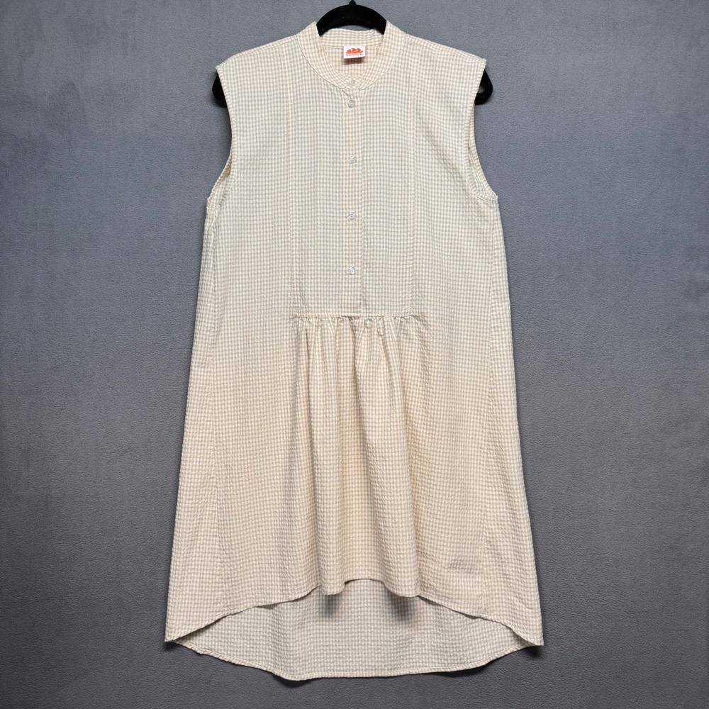 Sundek Dress Gingham Seersucker Sleeveless High Low Shift Tunic Tan Small Beachy